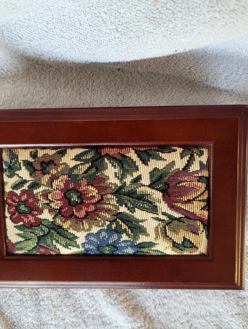 Jewelry Box  Vintage 1993 Wood  & Tapestry With Mirror Velvet Material Inside